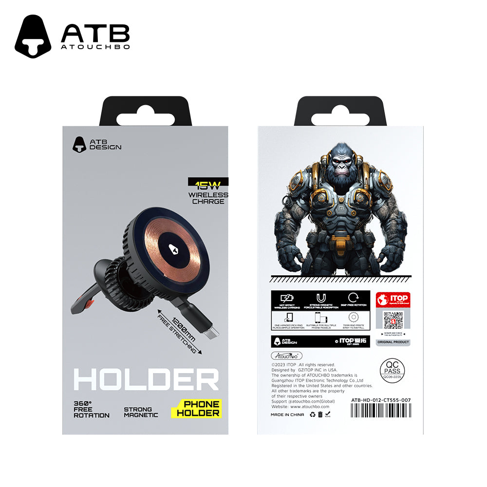 Custom car phone holder with wireless charger, 360-degree rotating magnetic adjustable 15W wireless charger car phone holder