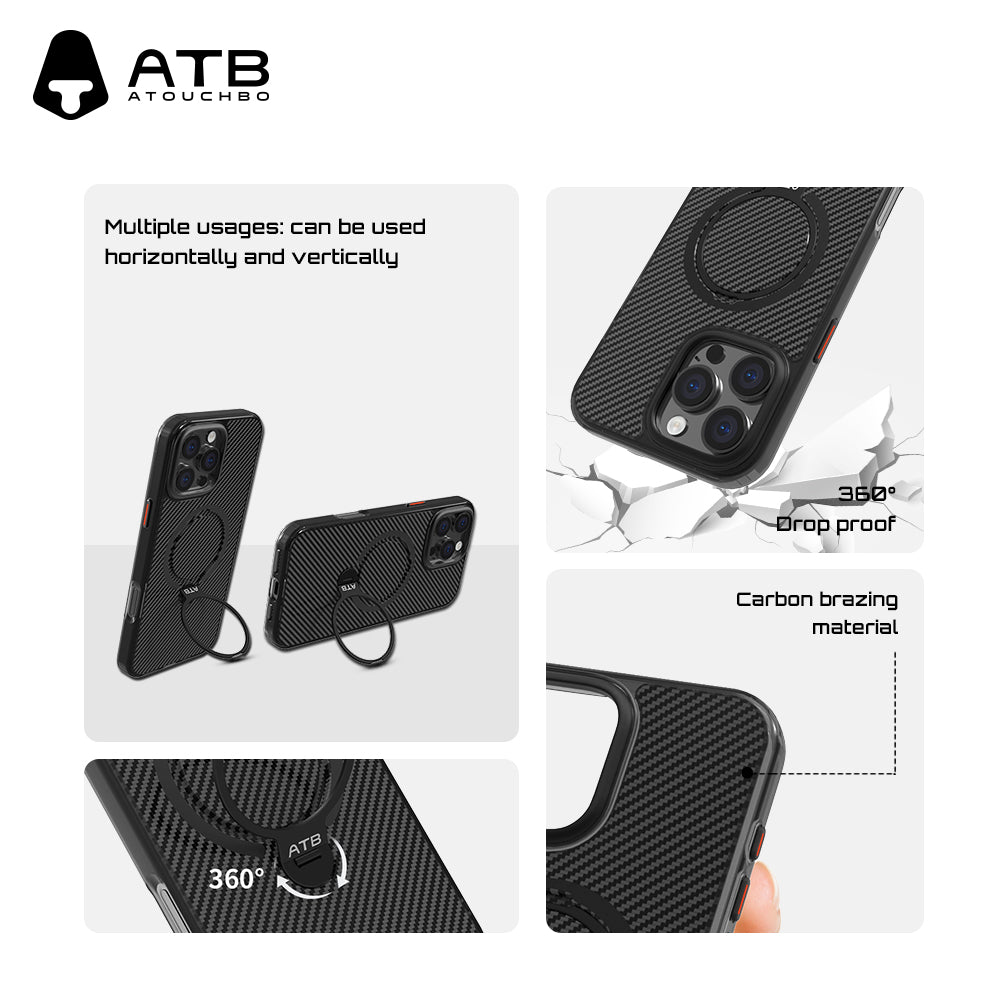 ATB Top Series Carbon Fiber Double Ring Magnetic Bracket Phone Case